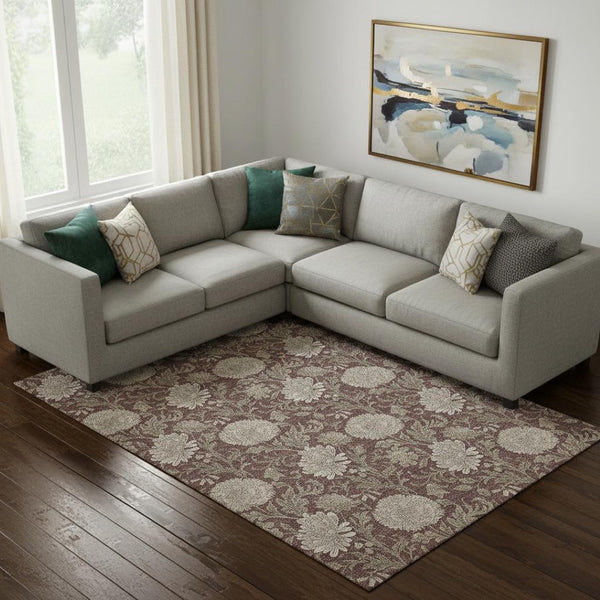 HomeRoots 10' X 14' Elegant Merlot and Beige Floral Washable Area Rug with UV Protection for Busy Homes 655806