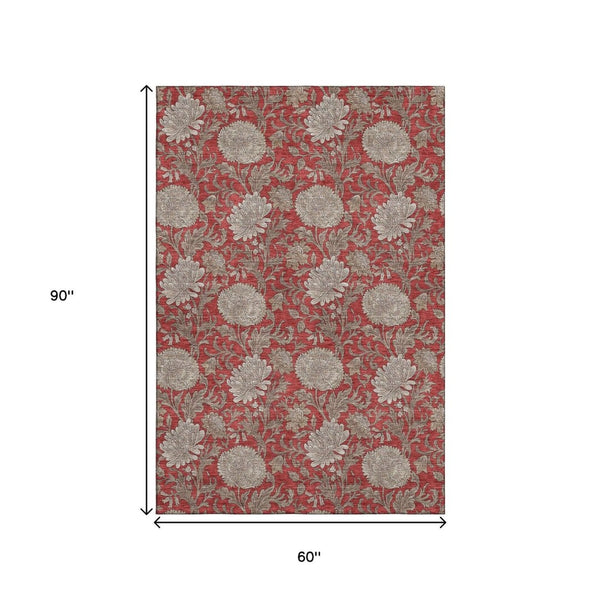HomeRoots 5' X 8' Vibrant Red and Beige Floral Area Rug - Washable, UV-Protected, Perfect for High-Traffic Areas 655808
