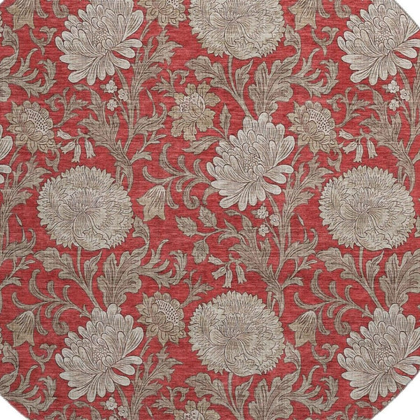 HomeRoots 8' Red And Beige Floral Round Rug - Washable, Stain-Resistant, UV Protected for Indoor & Outdoor Use 655809