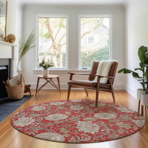 HomeRoots 8' Red And Beige Floral Round Rug - Washable, Stain-Resistant, UV Protected for Indoor & Outdoor Use 655809