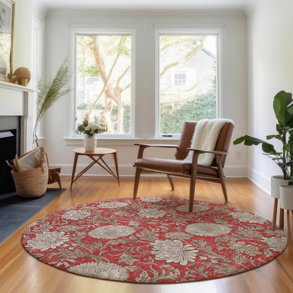 HomeRoots 8' Red And Beige Floral Round Rug - Washable, Stain-Resistant, UV Protected for Indoor & Outdoor Use 655809