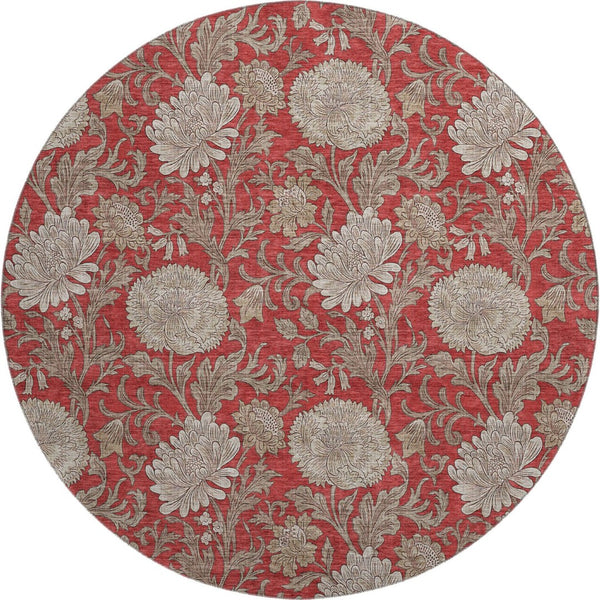HomeRoots 8' Red And Beige Floral Round Rug - Washable, Stain-Resistant, UV Protected for Indoor & Outdoor Use 655809