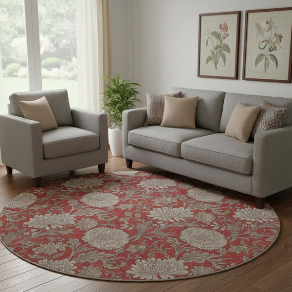 HomeRoots 8' Red And Beige Floral Round Rug - Washable, Stain-Resistant, UV Protected for Indoor & Outdoor Use 655809