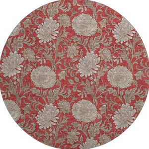 HomeRoots 8' Red And Beige Floral Round Rug - Washable, Stain-Resistant, UV Protected for Indoor & Outdoor Use 655809