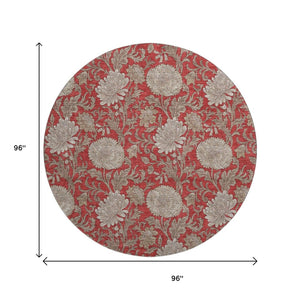 HomeRoots 8' Red And Beige Floral Round Rug - Washable, Stain-Resistant, UV Protected for Indoor & Outdoor Use 655809