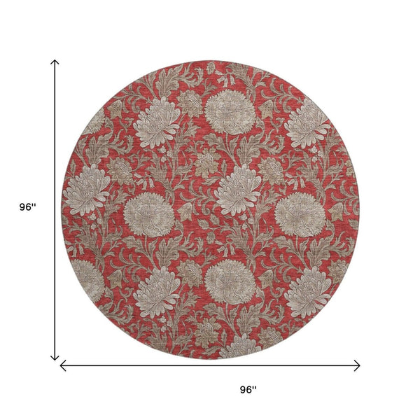 HomeRoots 8' Red And Beige Floral Round Rug - Washable, Stain-Resistant, UV Protected for Indoor & Outdoor Use 655809