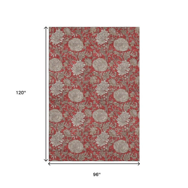 HomeRoots 8' X 10' Elegant Red & Beige Floral Washable Area Rug - UV Protected & Stain Resistant for Everyday Use 655810