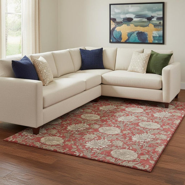 HomeRoots 10' X 14' Red And Beige Floral Area Rug - Durable, Washable, UV-Protected Design for Family Homes 655812