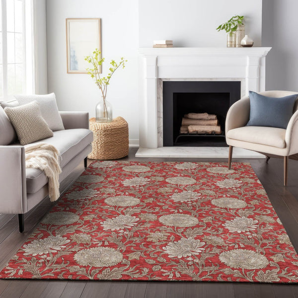 HomeRoots 10' X 14' Red And Beige Floral Area Rug - Durable, Washable, UV-Protected Design for Family Homes 655812