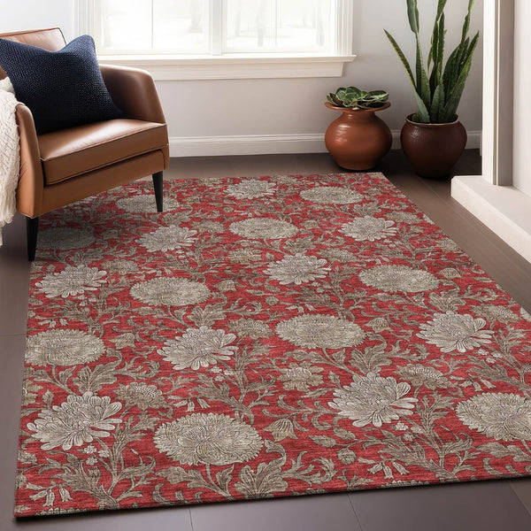 HomeRoots 10' X 14' Red And Beige Floral Area Rug - Durable, Washable, UV-Protected Design for Family Homes 655812
