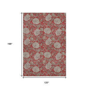 HomeRoots 10' X 14' Red And Beige Floral Area Rug - Durable, Washable, UV-Protected Design for Family Homes 655812