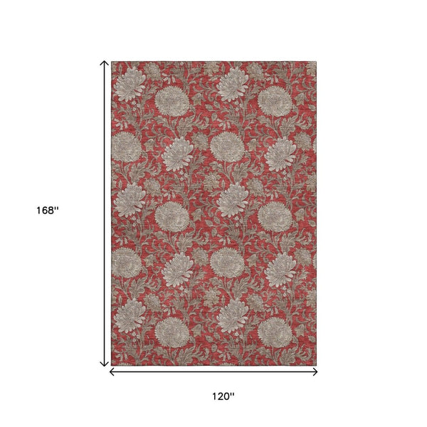 HomeRoots 10' X 14' Red And Beige Floral Area Rug - Durable, Washable, UV-Protected Design for Family Homes 655812