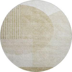 HomeRoots 8' Stylish Brown and Ivory Geometric Washable Round Rug with UV Protection for High-Traffic Areas 655815