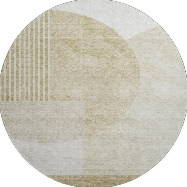 HomeRoots 8' Stylish Brown and Ivory Geometric Washable Round Rug with UV Protection for High-Traffic Areas 655815