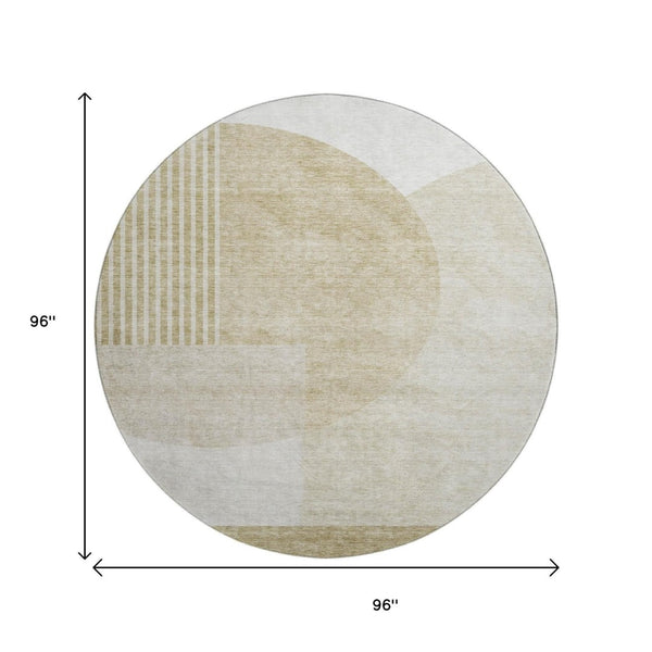 HomeRoots 8' Stylish Brown and Ivory Geometric Washable Round Rug with UV Protection for High-Traffic Areas 655815