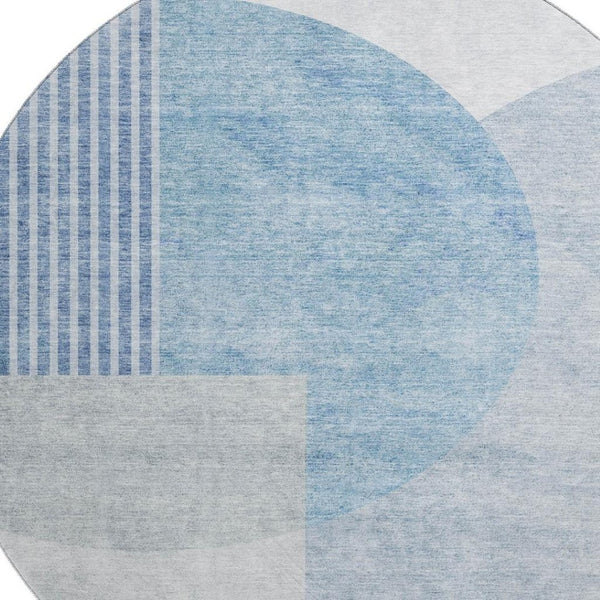 HomeRoots 8' Blue And Ivory Geometric Round Rug - Washable, UV-Protected, Stain-Resistant for Family Spaces 655821