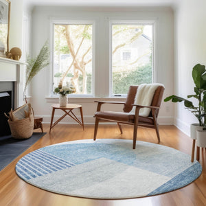HomeRoots 8' Blue And Ivory Geometric Round Rug - Washable, UV-Protected, Stain-Resistant for Family Spaces 655821