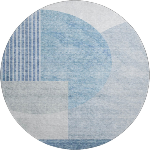 HomeRoots 8' Blue And Ivory Geometric Round Rug - Washable, UV-Protected, Stain-Resistant for Family Spaces 655821