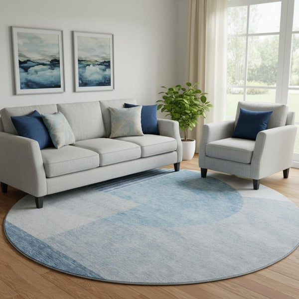 HomeRoots 8' Blue And Ivory Geometric Round Rug - Washable, UV-Protected, Stain-Resistant for Family Spaces 655821