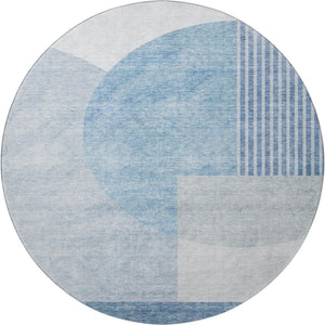 HomeRoots 8' Blue And Ivory Geometric Round Rug - Washable, UV-Protected, Stain-Resistant for Family Spaces 655821