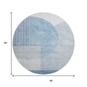 HomeRoots 8' Blue And Ivory Geometric Round Rug - Washable, UV-Protected, Stain-Resistant for Family Spaces 655821