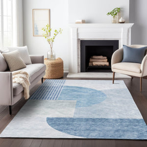 HomeRoots 8' X 10' Stylish Blue & Ivory Geometric Washable Area Rug with UV Protection for Modern Spaces 655822