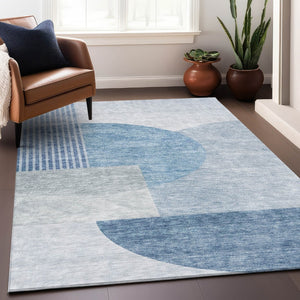 HomeRoots 8' X 10' Stylish Blue & Ivory Geometric Washable Area Rug with UV Protection for Modern Spaces 655822