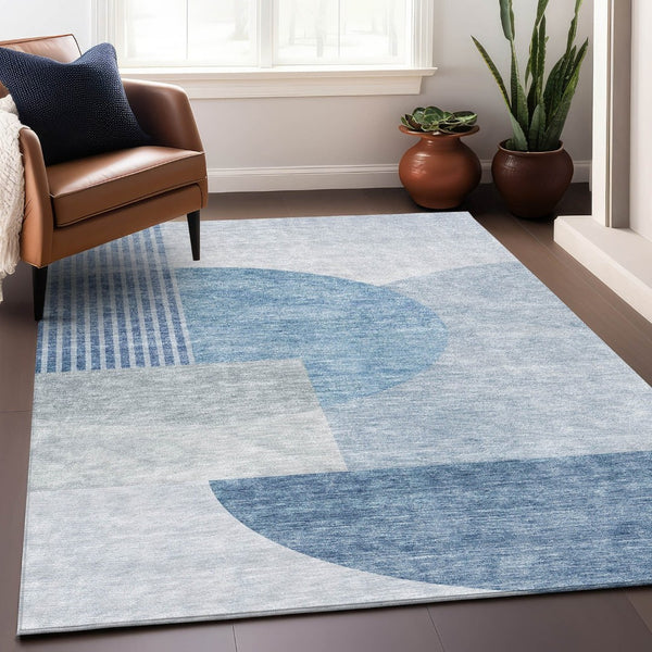 HomeRoots 8' X 10' Stylish Blue & Ivory Geometric Washable Area Rug with UV Protection for Modern Spaces 655822