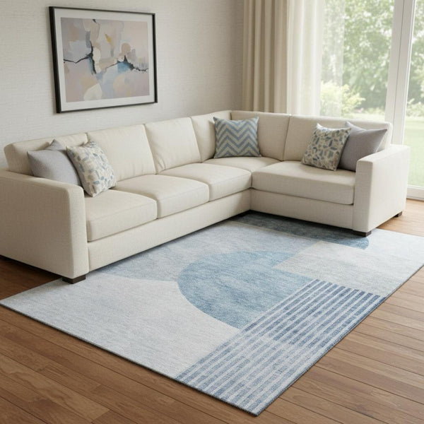 HomeRoots 8' X 10' Stylish Blue & Ivory Geometric Washable Area Rug with UV Protection for Modern Spaces 655822