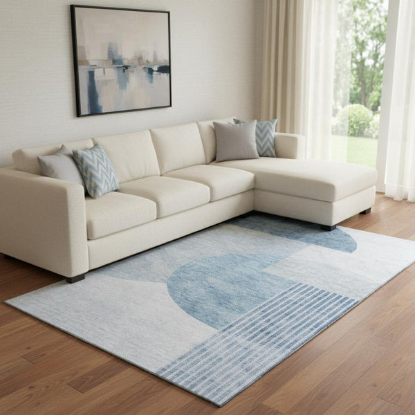 HomeRoots 9' X 12' Blue and Ivory Geometric Washable Area Rug - Durable, Stain-Resistant, UV Protected Design 655823