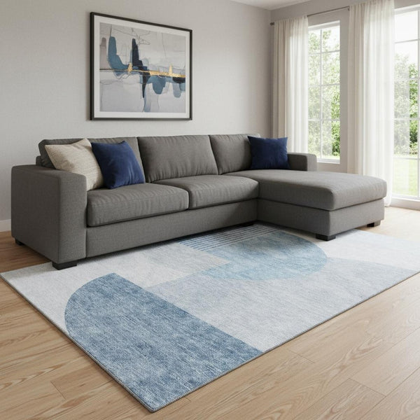 HomeRoots 10' X 14' Modern Blue & Ivory Geometric Area Rug - Washable, UV-Protected, Stain-Resistant Design 655824