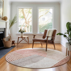 HomeRoots 8' Copper Gray and Ivory Geometric Round Rug - Washable, UV Protected, Pet-Friendly, Stylish Home Accent 655827
