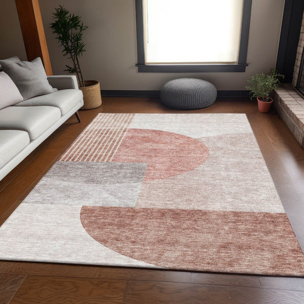 HomeRoots 8' X 10' Stylish Copper Gray & Ivory Geometric Area Rug – Washable, UV-Protected, Durable Design 655828