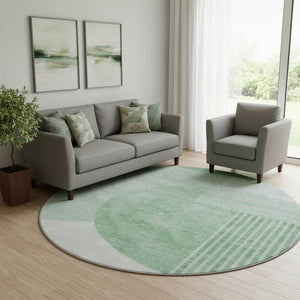 HomeRoots 8' Green and Ivory Geometric Washable Round Rug - Durable, UV-Protected, Easy-Care for Everyday Life 655833