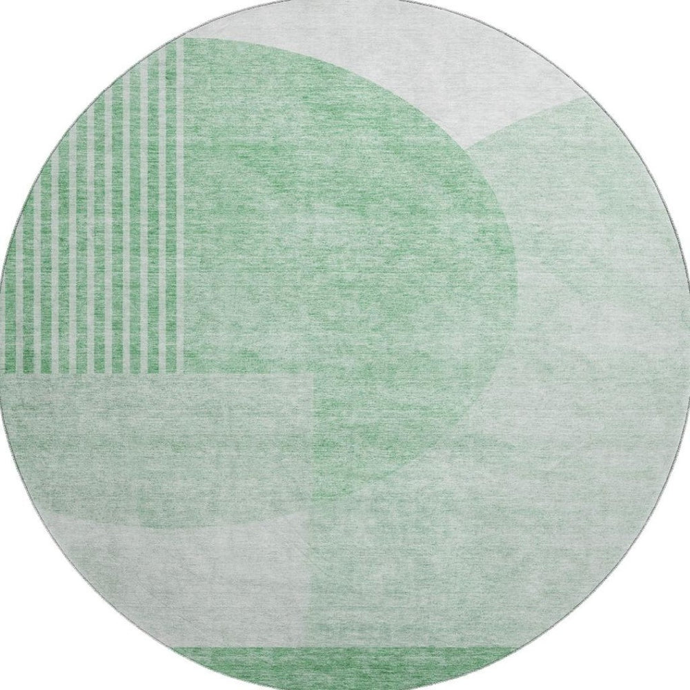 HomeRoots 8' Green and Ivory Geometric Washable Round Rug - Durable, UV-Protected, Easy-Care for Everyday Life 655833