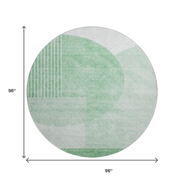 HomeRoots 8' Green and Ivory Geometric Washable Round Rug - Durable, UV-Protected, Easy-Care for Everyday Life 655833