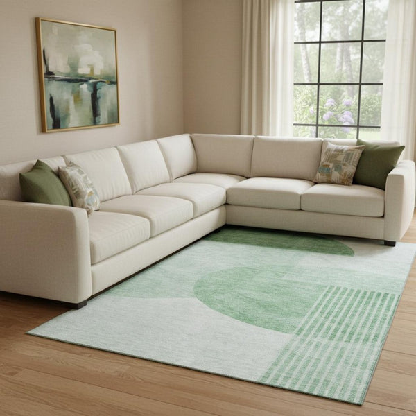 HomeRoots 8' X 10' Washable Green & Ivory Geometric Area Rug with UV Protection - Durable, Stain-Resistant Style 655834