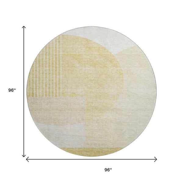 HomeRoots 8' Gold and Ivory Geometric Round Rug - Washable, UV Protected, Durable, Stylish for Any Room 655839