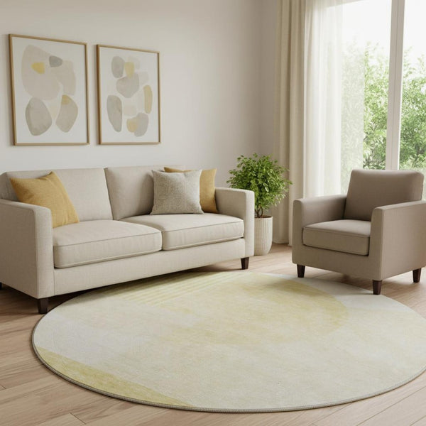 HomeRoots 8' Gold and Ivory Geometric Round Rug - Washable, UV Protected, Durable, Stylish for Any Room 655839