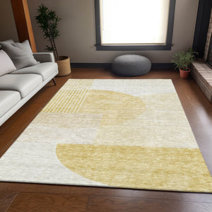 HomeRoots 8' X 10' Gold and Ivory Geometric Washable Area Rug – Durable, Stylish, UV-Protected for Homes 655840