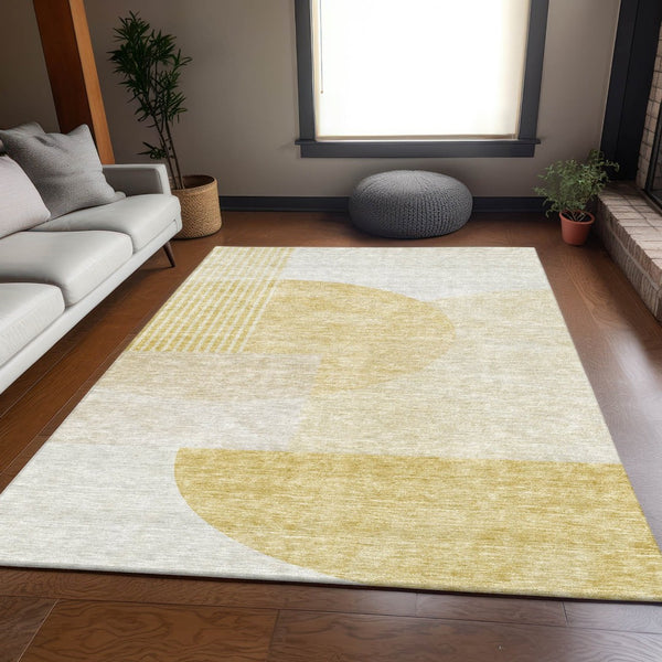 HomeRoots 8' X 10' Gold and Ivory Geometric Washable Area Rug – Durable, Stylish, UV-Protected for Homes 655840