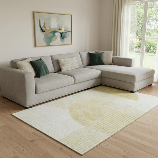 HomeRoots 8' X 10' Gold and Ivory Geometric Washable Area Rug – Durable, Stylish, UV-Protected for Homes 655840