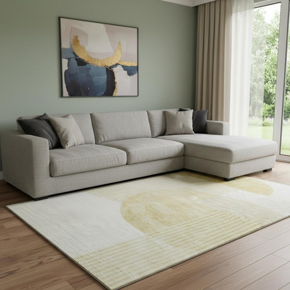 HomeRoots 10' X 14' Gold & Ivory Geometric Washable Area Rug – Durable, Stylish, UV-Protected for Active Spaces 655842