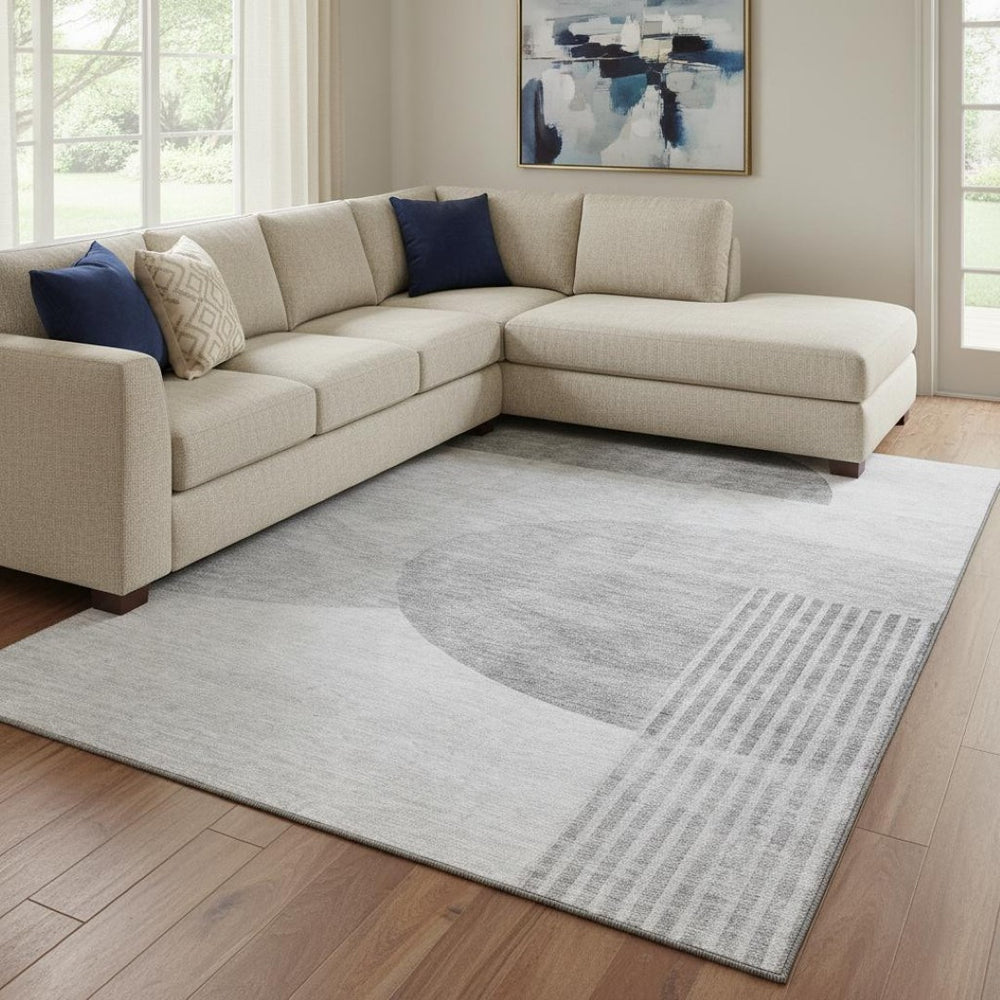HomeRoots 10' Gray and Silver Geometric Area Rug – Washable, UV Protected, Stylish for High-Traffic Spaces 655848