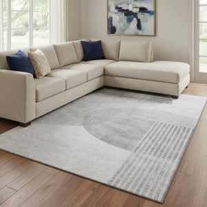 HomeRoots 10' Gray and Silver Geometric Area Rug – Washable, UV Protected, Stylish for High-Traffic Spaces 655848