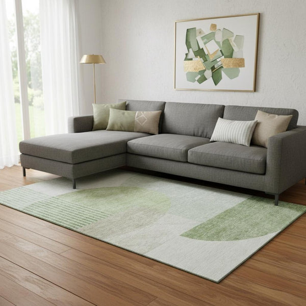 HomeRoots 10' X 14' Olive Green and Beige Geometric Area Rug – Washable, UV-Protected, Stylish & Durable! 655854