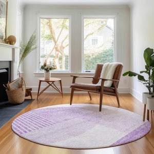 HomeRoots 8' Washable Round Rug in Purple & Ivory Geometric Design - UV Resistant, Durable & Stylish Home Accent 655857