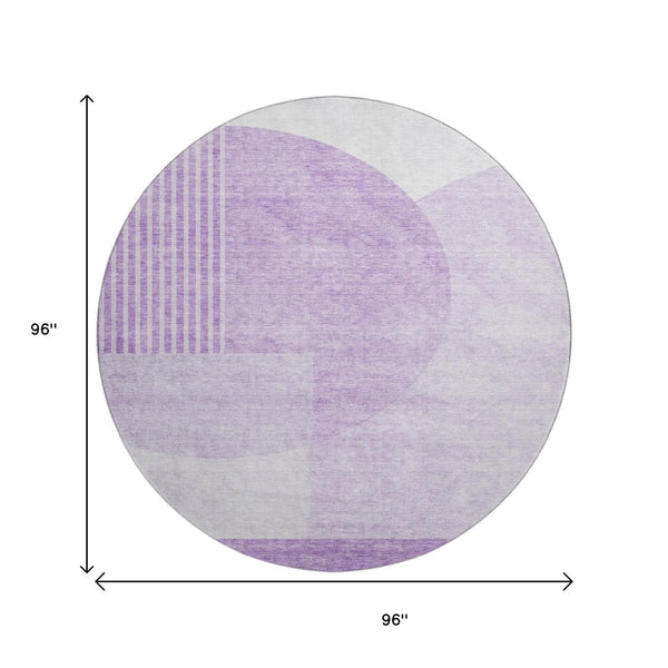 HomeRoots 8' Washable Round Rug in Purple & Ivory Geometric Design - UV Resistant, Durable & Stylish Home Accent 655857