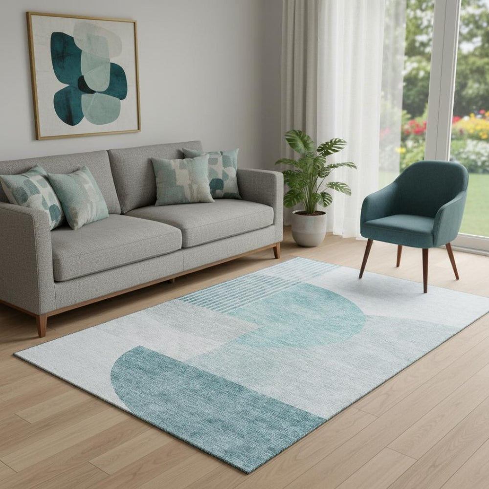 HomeRoots 5' X 8' Teal and Ivory Geometric Area Rug - Stylish, Washable, UV Protected, Perfect for Modern Homes 655862