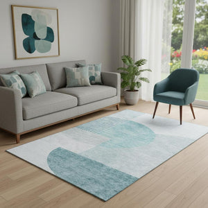 HomeRoots 5' X 8' Teal and Ivory Geometric Area Rug - Stylish, Washable, UV Protected, Perfect for Modern Homes 655862